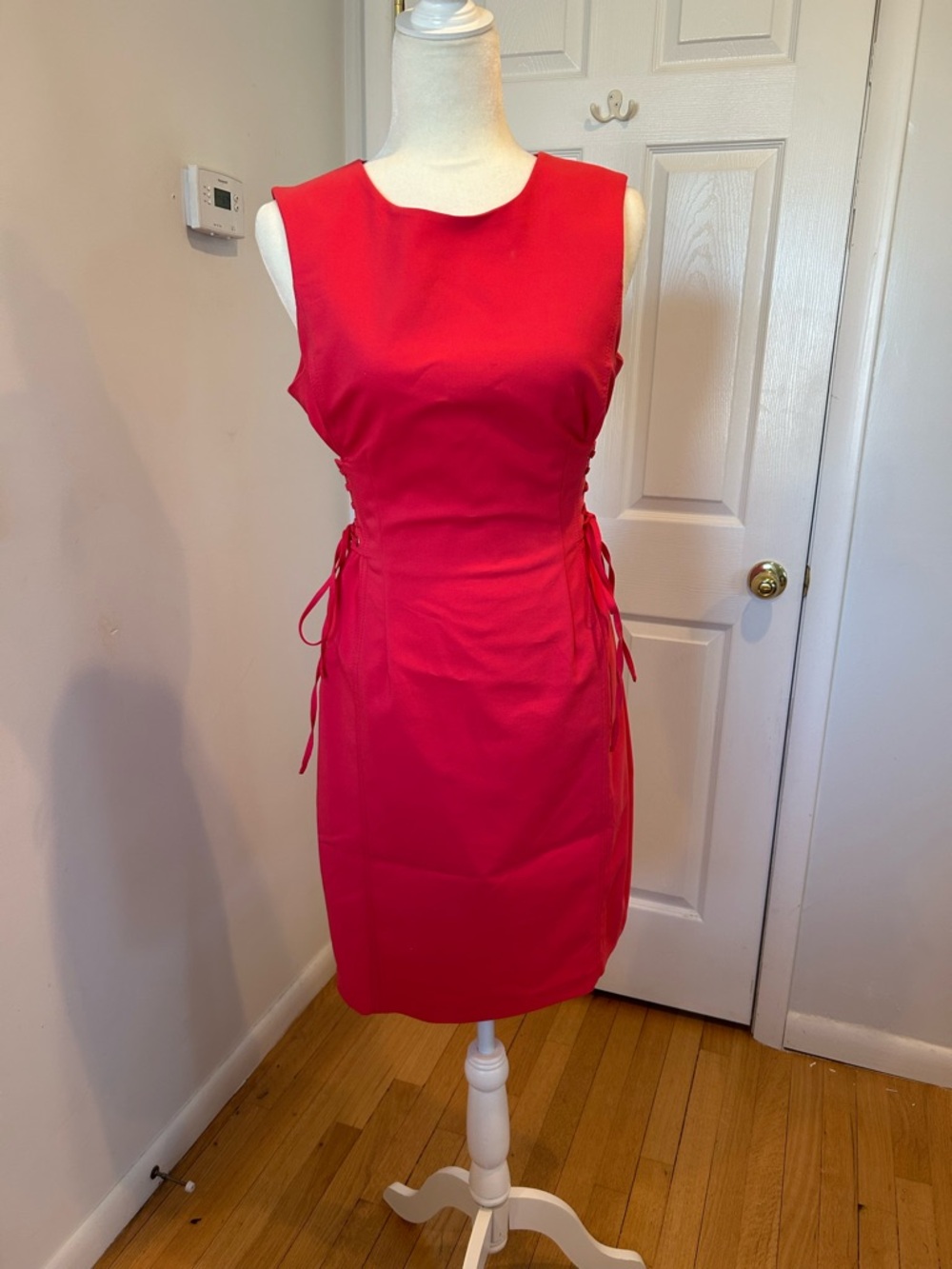 Calvin Klein Sleeveless Red Sheath Dress with Side Tie Detail